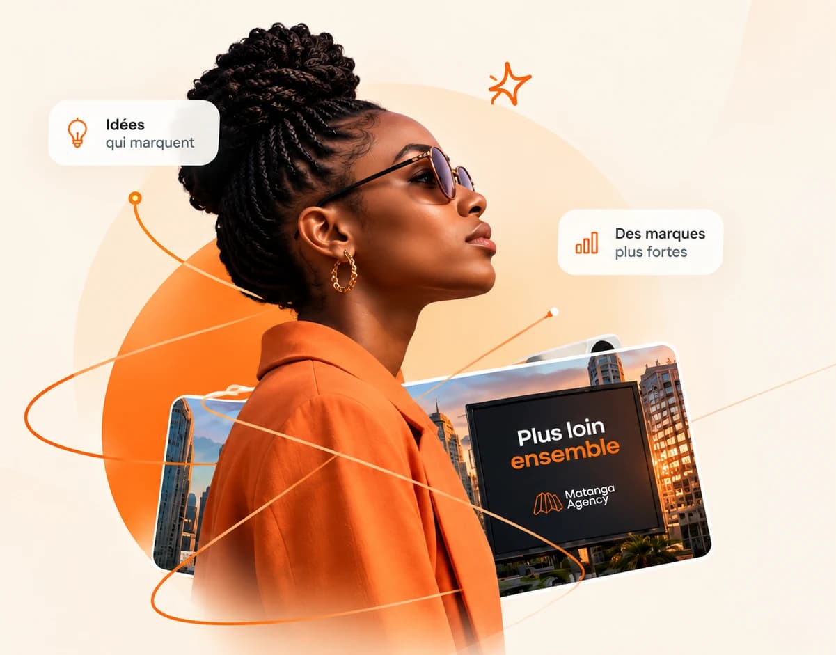 A woman in profile wearing an orange jacket, in front of a Matanga "Plus loin ensemble" billboard
