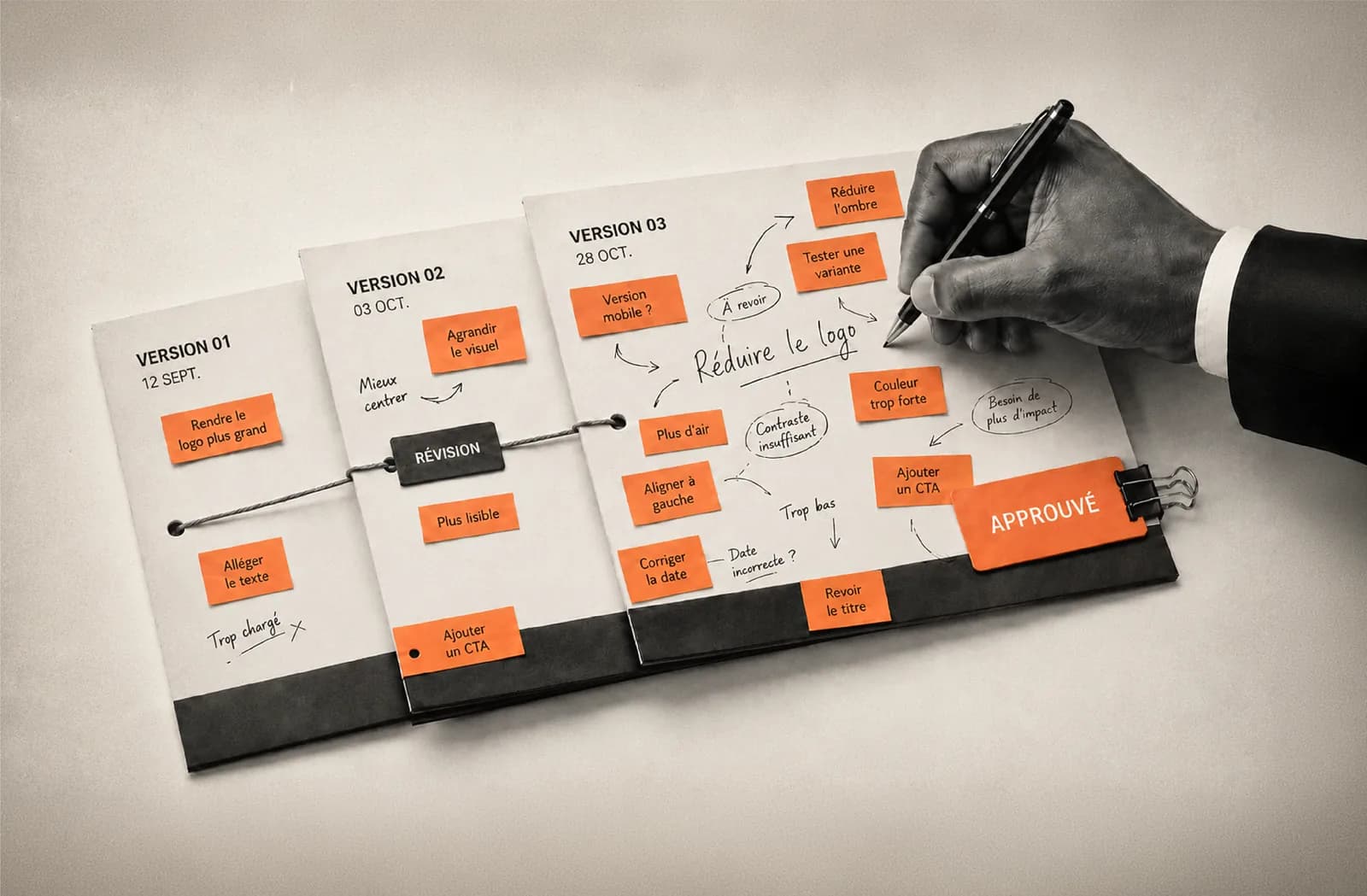 Three versions of a design annotated by hand, the last one stamped Approved