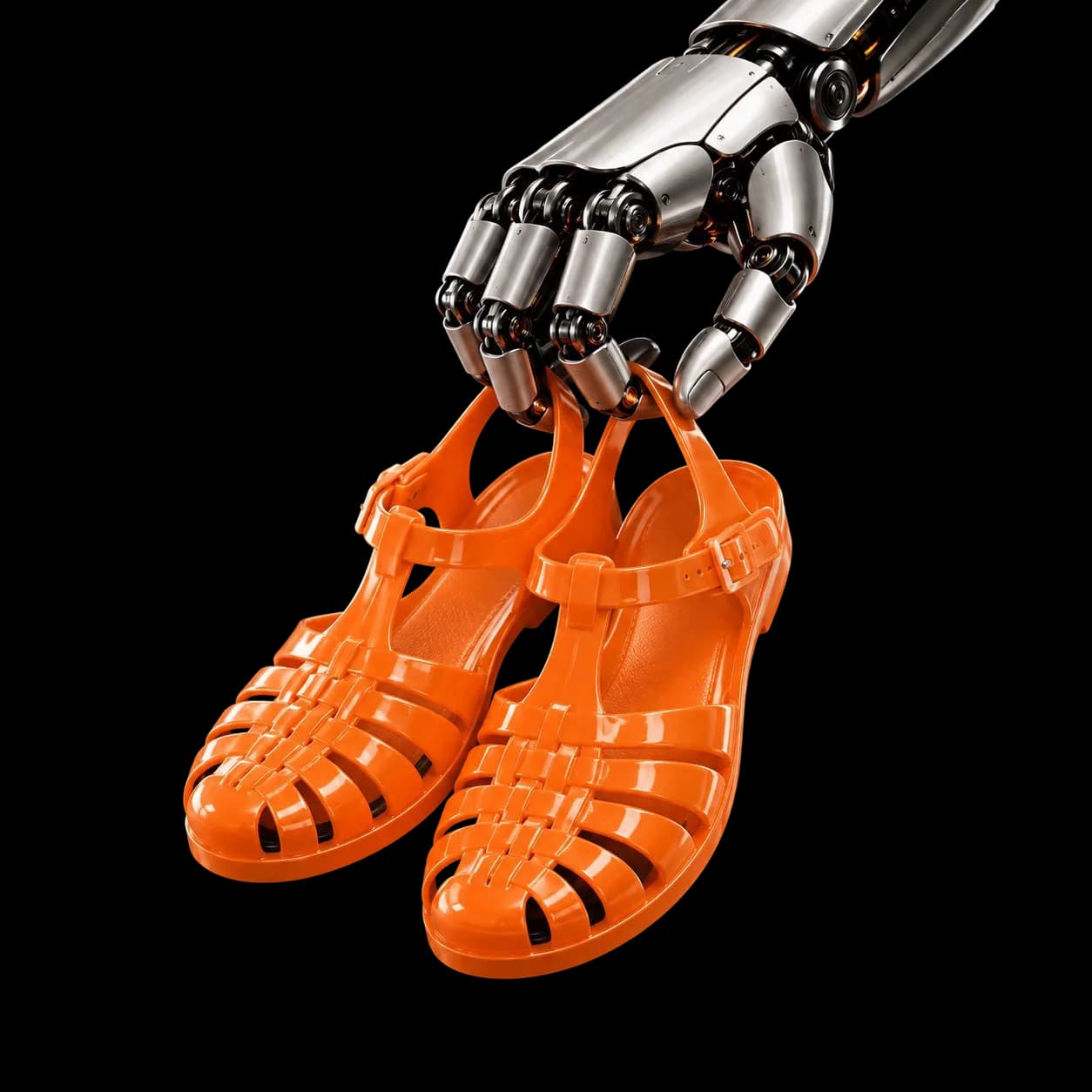 A robotic hand holds a pair of orange sandals.