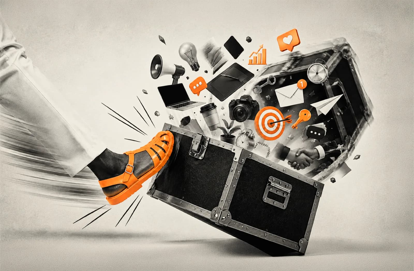 A kick bursts open a trunk, spilling out the tools of the project