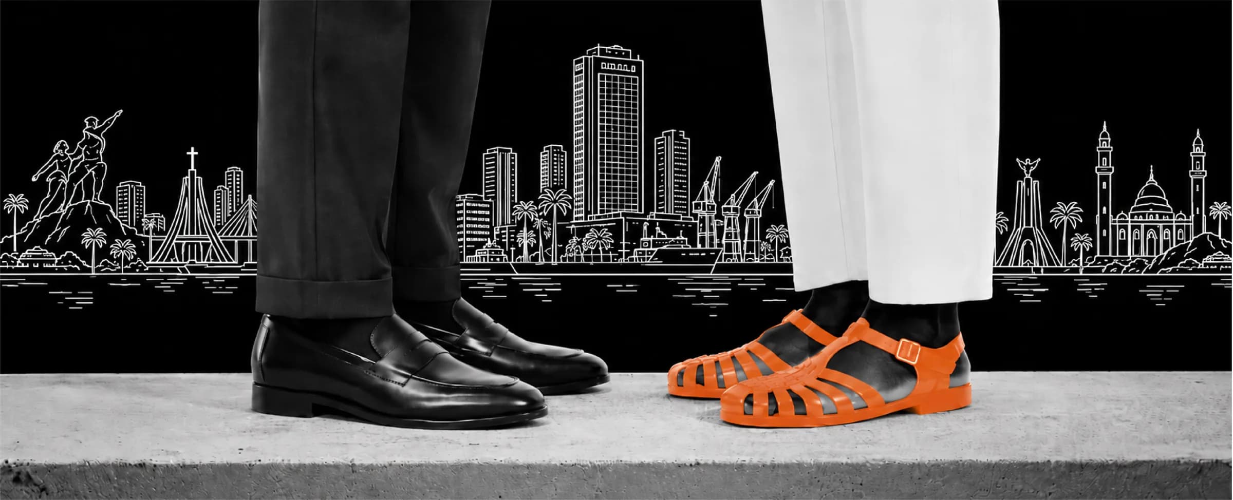 Two people side by side in front of the drawn skyline of Douala