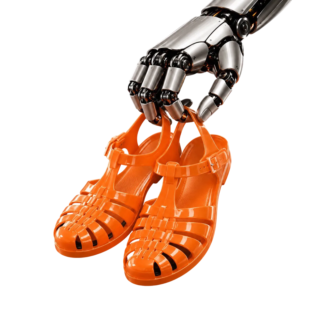 A robotic hand holds a pair of orange sandals.